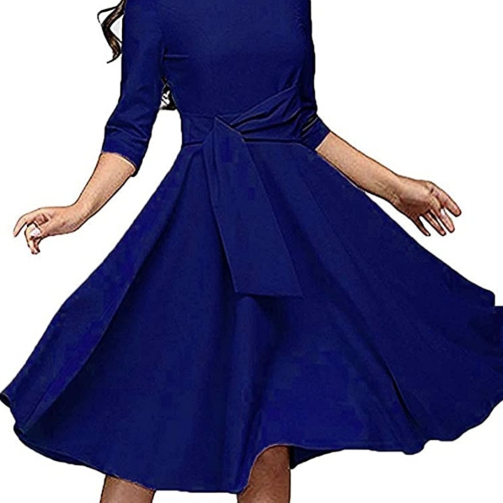 Midi Swing Women's Neck Round Dresses Sleeve A-line Dress 3/4 Ruched Women's Dre